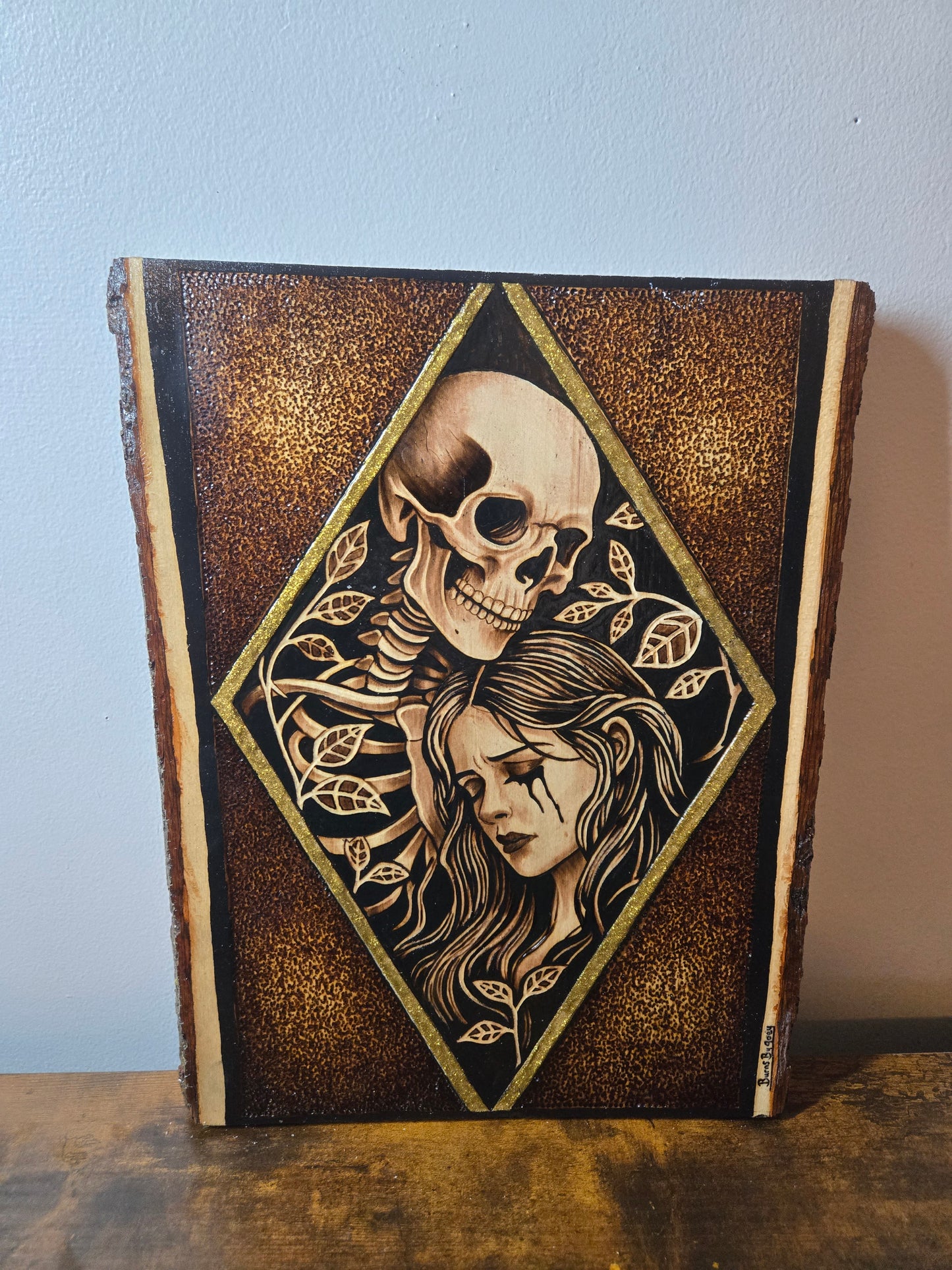 "Eternal Embrace" Skull & Woman Woodburning