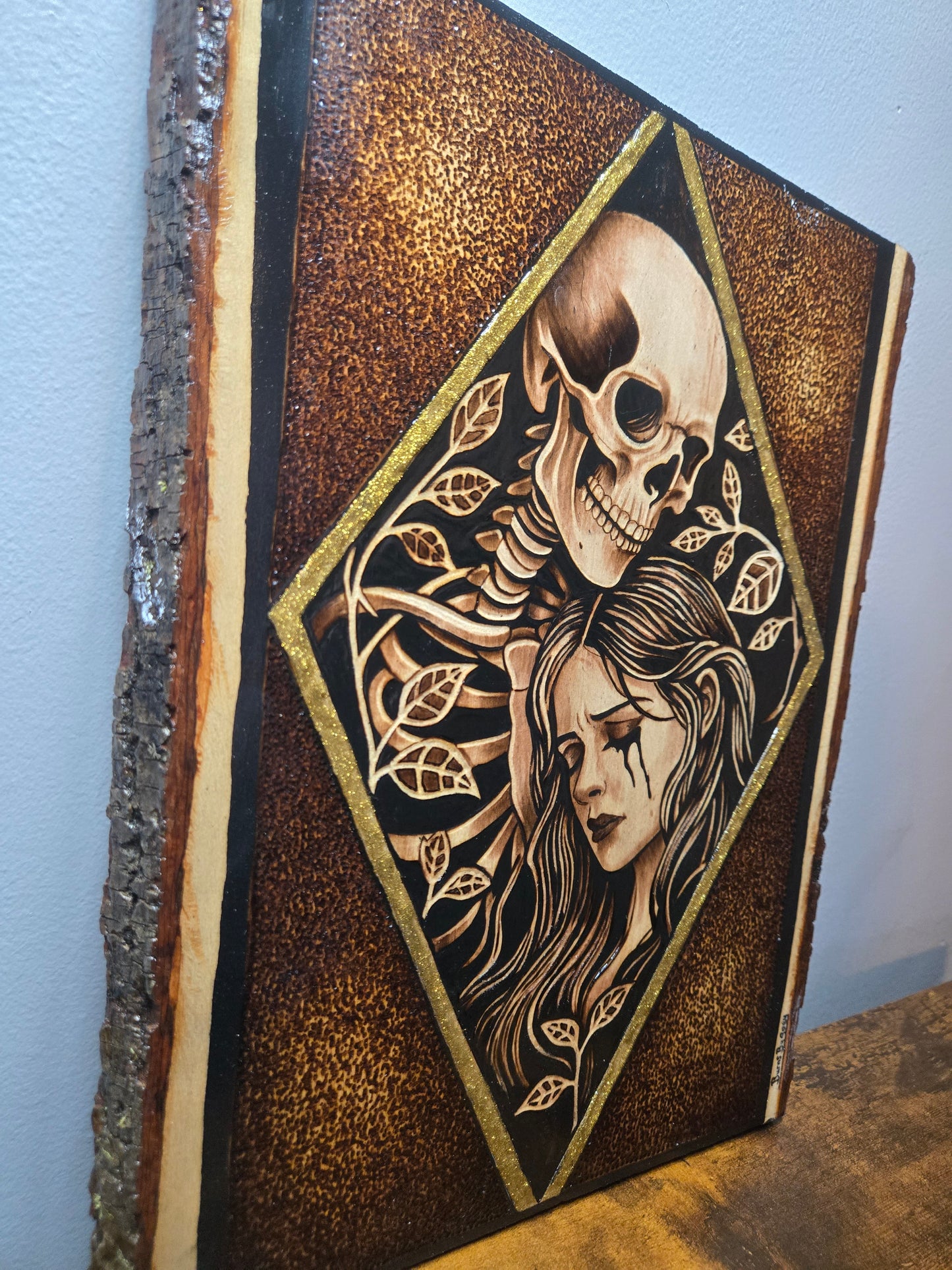 "Eternal Embrace" Skull & Woman Woodburning