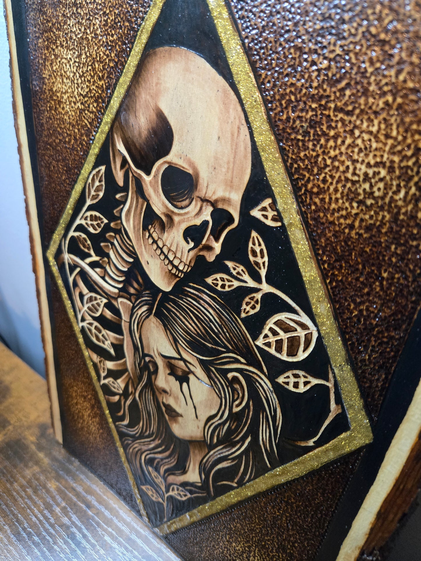 "Eternal Embrace" Skull & Woman Woodburning