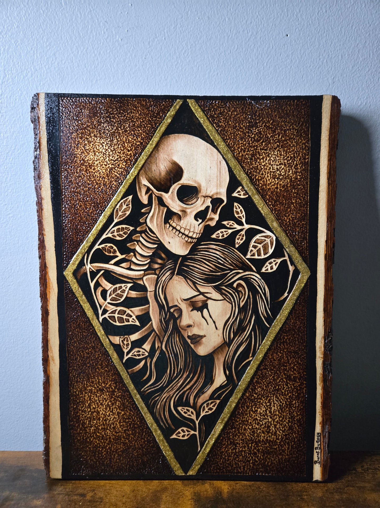 "Eternal Embrace" Skull & Woman Woodburning